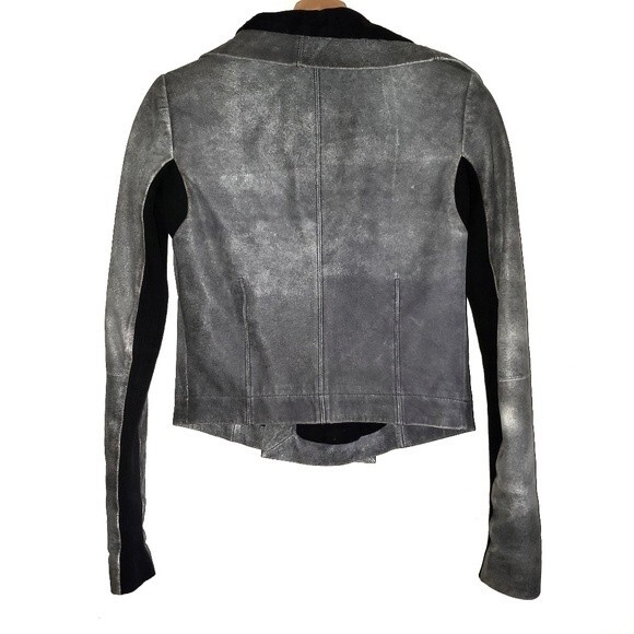 VEDA NYC Gray Black Suede Leather Funnel Neck Crop Jacket Small - Picture 5 of 15